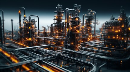 Generative AI A detailed view of a refinery, capturing the intricate network of pipes and structures.