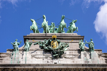 Statue of quadriga on the top of triumphal arch Cinquantenaire Arch, Brussels, Belgium