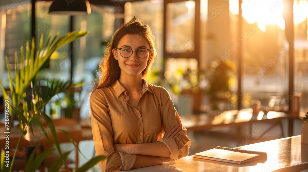 Poster a woman is smiling and standing in front of a table with a notebook. she is wearing glasses and a br