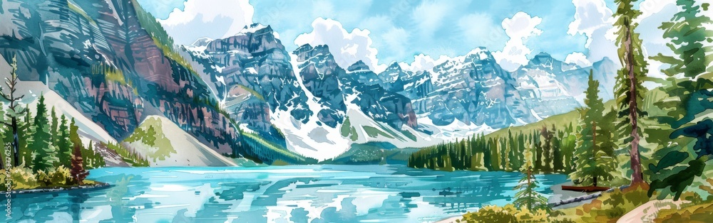 Aufkleber a beautiful mountain range with a lake in the foreground. the mountains are covered in snow and the 