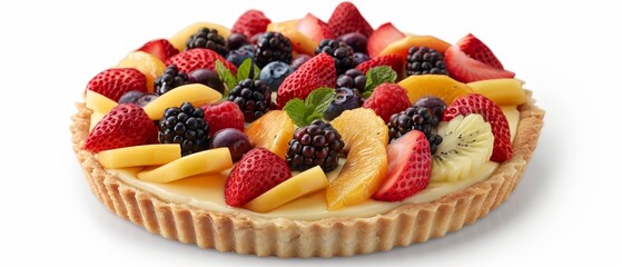 A vibrant fruit tart with fresh berries, kiwi, and peach slices on a creamy filling and flaky crust isolated on white background.