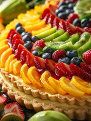A close-up of a round fruit tart with a brown crust filled with slices of kiwi, blueberries, and strawberries. The tart sits on a rectangular wooden cutting board.