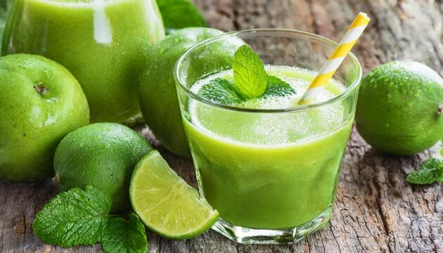 A refreshing green smoothie garnished with mint leaves, surrounded by whole green apples and limes