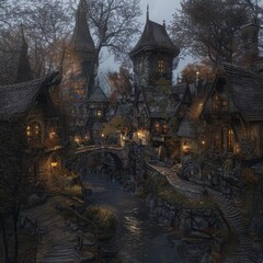 Enchanting evening view of a mystical village with stone bridges, cobblestone paths, and illuminated cozy cottages.