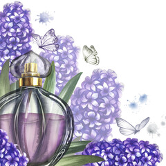 A frame with a perfume bottle made of transparent glass with hyacinth flowers. Vintage purple perfume. A hand-drawn watercolor illustration. For packaging, postcards and labels. For banners, flyers.