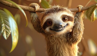 Naklejka premium happy sloth hanging from a branch