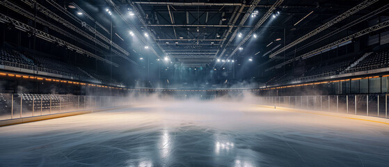 Ice Rink Background. Professional Arena illuminated neon lights, spotlights with smoke. Copyspace. Winter poster for hockey competitions. Ice skating. Stadium. Generative ai - obrazy, fototapety, plakaty