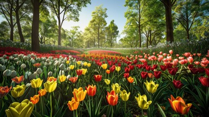 A vibrant field filled with colorful flowers stretching as far as the eye can see, with tall trees standing in the background under a clear blue sky.