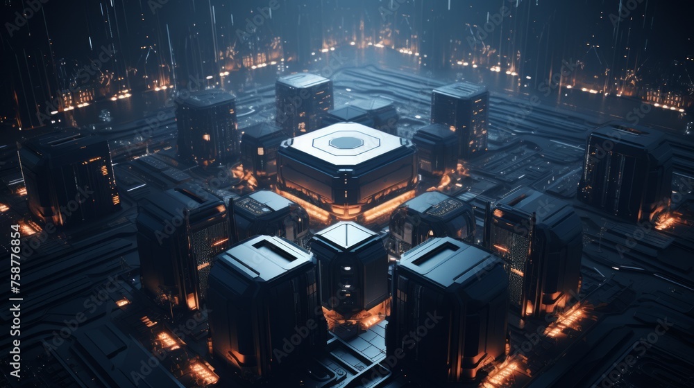 Poster Generative AI Drone footage revealing a supercomputer infrastructure, representing the foundation of an AI's cognitive abilities.