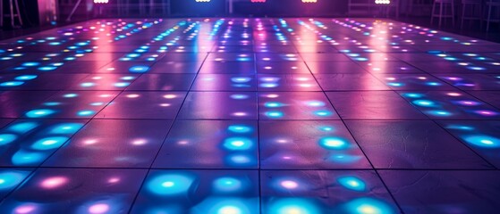 Illuminated colorful LED lights on a grid, creating a vibrant and futuristic atmosphere. Disco dance floor.