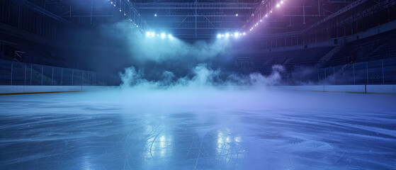 Ice Rink Background. Professional Arena illuminated blue, pink neon lights, spotlights with smoke. Copyspace. Winter poster for hockey competitions. Ice skating. Stadium. Generative ai - obrazy, fototapety, plakaty
