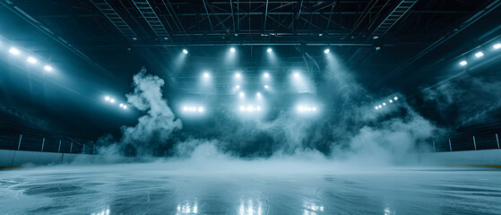 Blue Ice Rink Background. Professional Arena illuminated neon lights, spotlights with smoke. Copyspace. Winter poster for hockey competitions. Ice skating. Stadium. Generative ai - obrazy, fototapety, plakaty