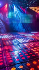 Illuminated colorful LED lights on a grid, creating a vibrant and futuristic atmosphere. Disco dance floor.