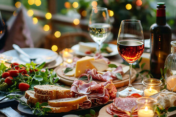 Cold cuts, cheese, bread and arugula salad on dining table.