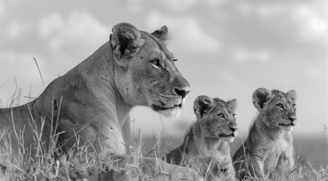 Black and white photograph depicting a lioness accompanied by her cubs