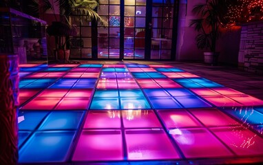 A colorful dance floor illuminated by bright spotlights and disco balls.