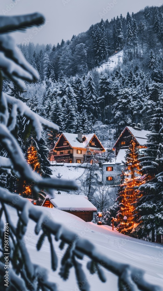 Aufkleber a snowy landscape with a house in the background. the house is surrounded by trees and has a cozy, w
