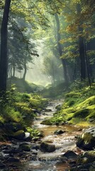 A majestic stream meanders gracefully through a lush green forest, surrounded by vibrant foliage and towering trees. The water flows steadily, creating a serene atmosphere in nature.