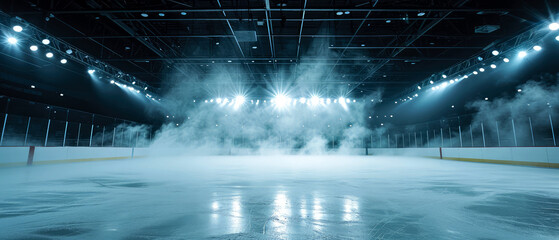 Fototapeta premium Blue Ice Rink Background. Professional Arena illuminated neon lights, spotlights with smoke. Copyspace. Winter poster for hockey competitions. Ice skating. Stadium. Generative ai