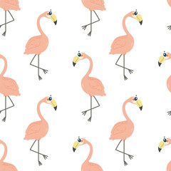 Obraz premium Seamless pattern with pink flamingo bird, on white background, a childish pattern