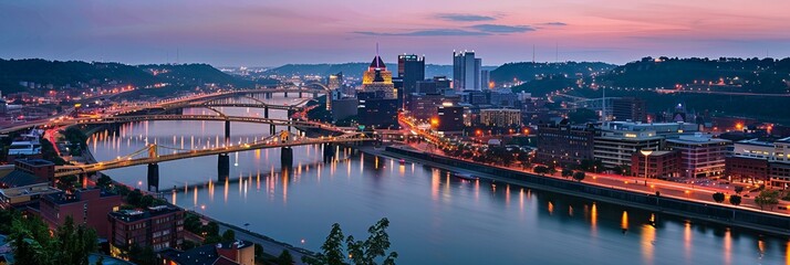 A serene river flowing through a bustling city, with historic and modern bridges connecting its banks, at twilight - obrazy, fototapety, plakaty