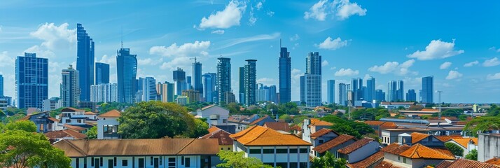 An old town with traditional architecture in the foreground, contrasting with the modern skyscrapers in the background