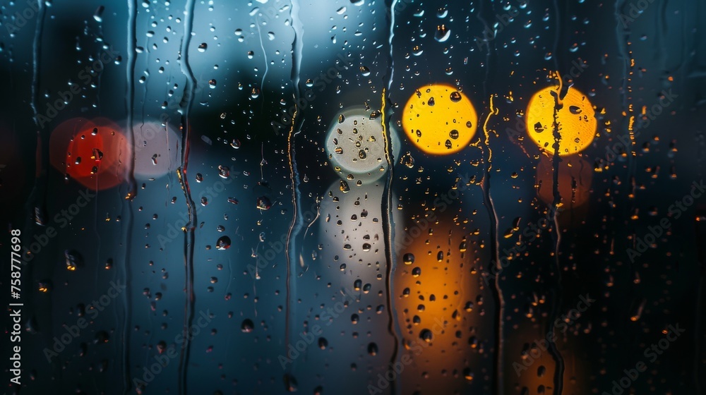 Aufkleber rain drops are seen on a window, with street lights visible in the background, creating a moody urba
