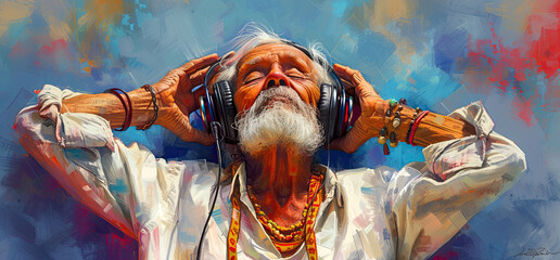 Grandpa in headphones listening to music standing on a blue background oil paint effect. Generated AI. - obrazy, fototapety, plakaty