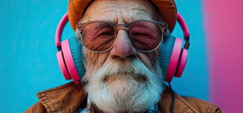 Grandpa with glasses and headphones listening to music standing on blue background. Generated AI.