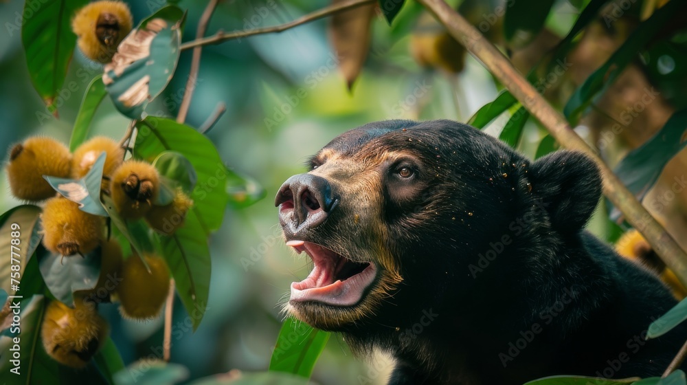 Aufkleber a black bear is standing in a tree with a bunch of fruit on the branches. the bear is looking at the