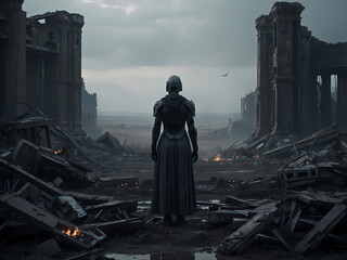 A solitary figure standing amidst ruins, surrounded by the aftermath of battle - obrazy, fototapety, plakaty