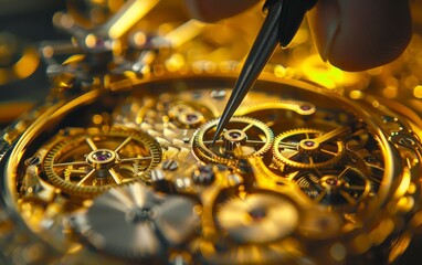 Close-up of a skilled watchmaker repairing the intricate parts of a golden mechanical watch.