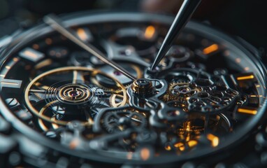 Close-up of a watchmaker's hand carefully repairing a pocket watch with a screwdriver.