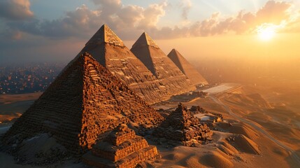 Generative AI Pyramid cluster, drone's altitude, sun setting, distant oasis, realistic twilight over Egyptian monuments - obrazy, fototapety, plakaty