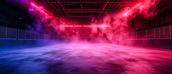 Red Ice Rink Background. Professional Arena illuminated neon lights, spotlights with smoke. Copyspace. Winter poster for hockey competitions. Ice skating. Stadium. Generative ai - obrazy, fototapety, plakaty