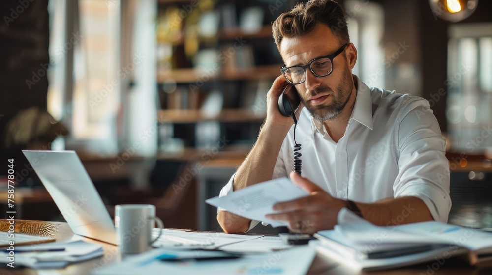 Poster a man in business attire is sitting at a table, engaged in a phone conversation on his cell phone. h