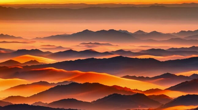 Aerial mountain range on the horizon, sunrise with an orange sky
