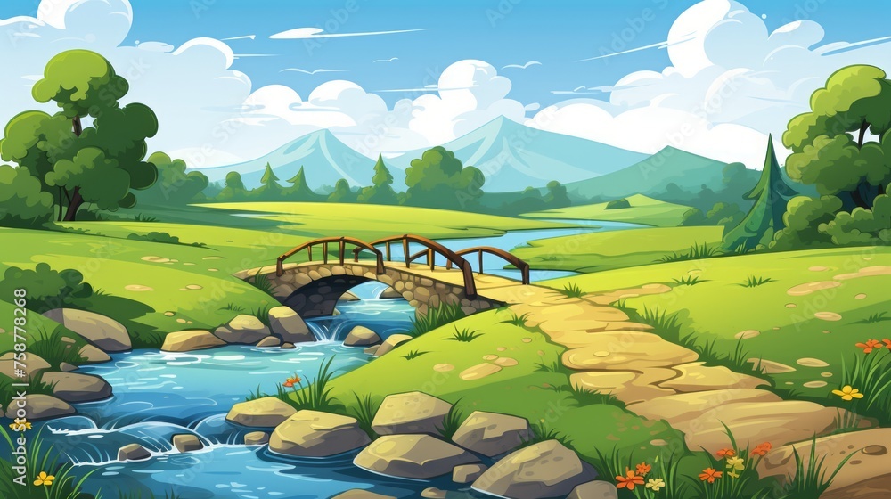 Poster generative ai a picturesque countryside scene with a small bridge over a stream.