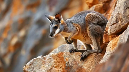 Fotobehang A kangaroo is standing on a rock. The rock is brown and the kangaroo is brown and gray © vadosloginov