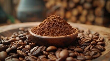 Roasted coffee beans and ground coffee in wooden bowl on wooden background - obrazy, fototapety, plakaty