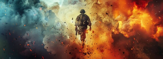 A soldier walks through a cloud of fire, surrounded by intense flames. The burning environment creates a dangerous and chaotic scene as the soldier navigates through the heat and smoke. - obrazy, fototapety, plakaty