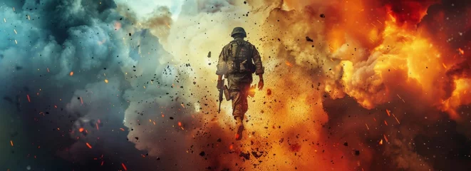 Poster A soldier walks through a cloud of fire, surrounded by intense flames. The burning environment creates a dangerous and chaotic scene as the soldier navigates through the heat and smoke. © vadosloginov
