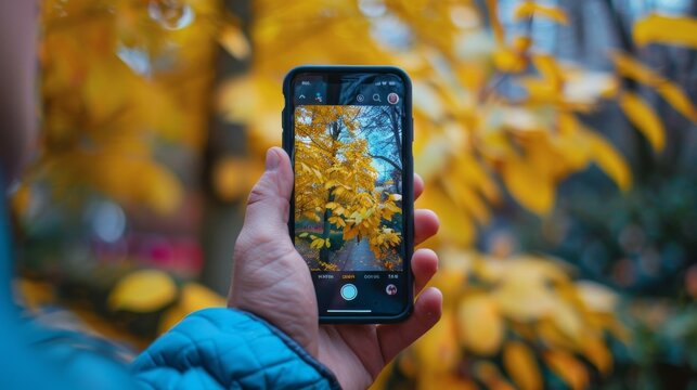 Hand holding smartphone capturing autumn foliage in the park