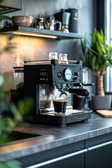 Close-up of a modern espresso machine making coffee in a stylish kitchen