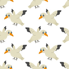 Seamless pattern with seagull bird, on white background, children's pattern, for fabric, wrapping paper, wallpaper