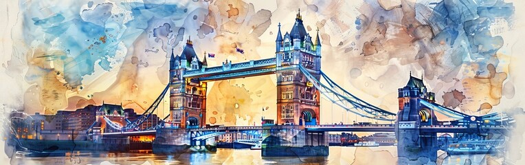 A detailed watercolor painting of the iconic Tower Bridge in London, capturing the intricate...