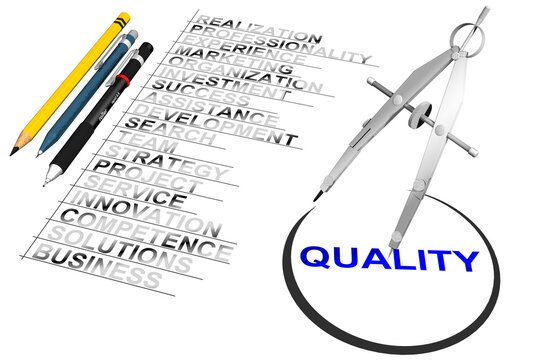 Quality. Png. Trasparente. Compasso traccia un cerchio attorno a caratteristica dei servizi d'impresa, dell'azienda.