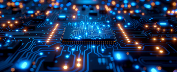 Iconic and Angular: Stunning Circuit Board with Blue Lights Captured in Sharp Detail