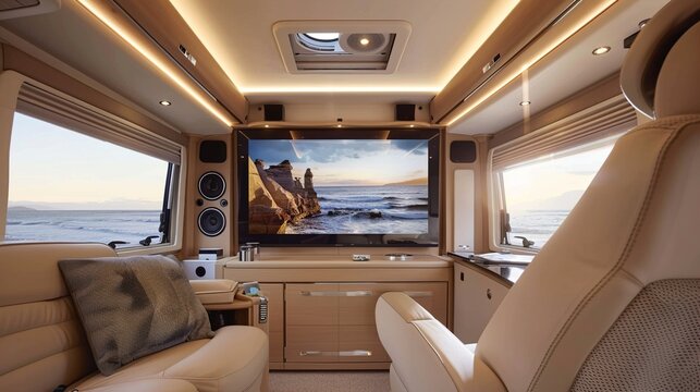 A motorhome living room with a built-in sound system and a large flat-screen TV
