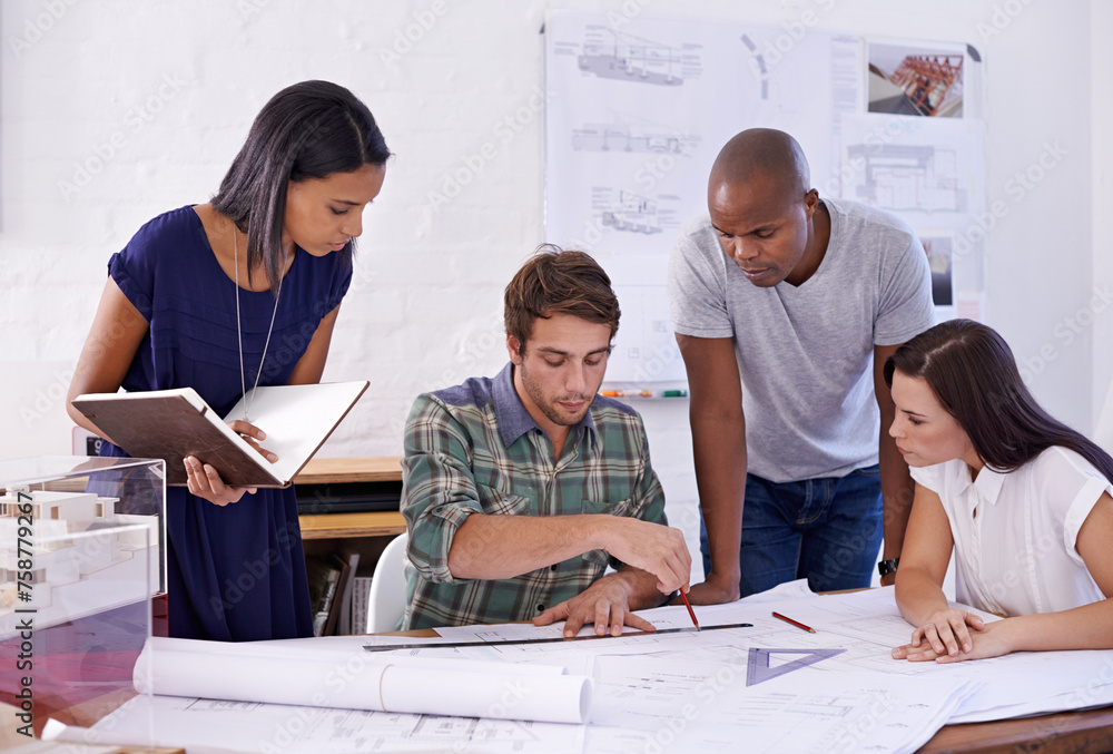 Poster Architecture, people and teamwork with drawing on blueprint in office for building design, remodeling project and layout plan. Collaboration, architect and employees with development planning meeting